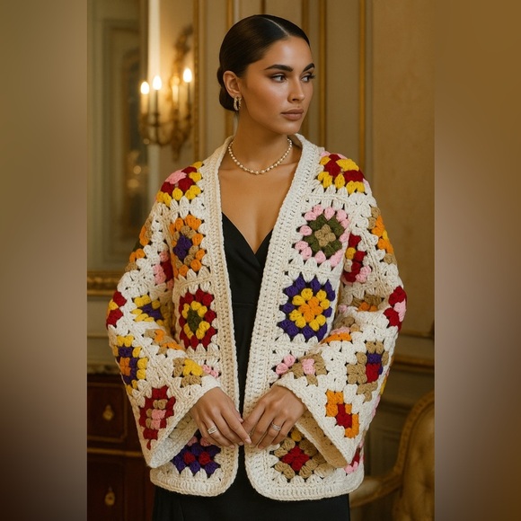 Handmade Crochet Granny Square Jacket – Boho Chic Luxury Cardigan Size L/XL NWT - Picture 1 of 5